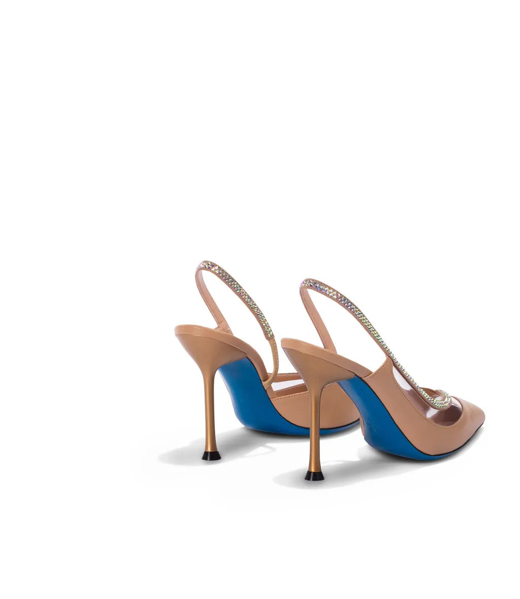 Tan nappa leather and plexi slingback pumps adorned with rhinestones