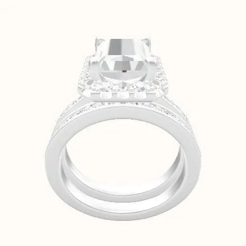 Tapered Channel Set Engagement Ring With Halo Head and Matching Band