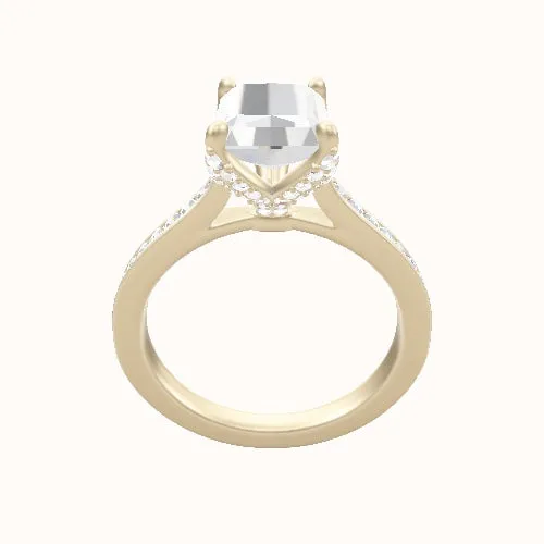 Tapered Channel Set Engagement Ring With Pave Petal Four Prong Head