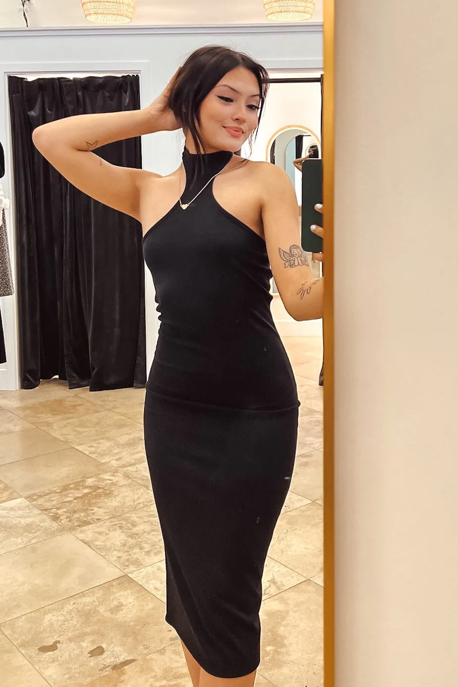 The City Girl Black Halter Neck Midi Bodycon Dress