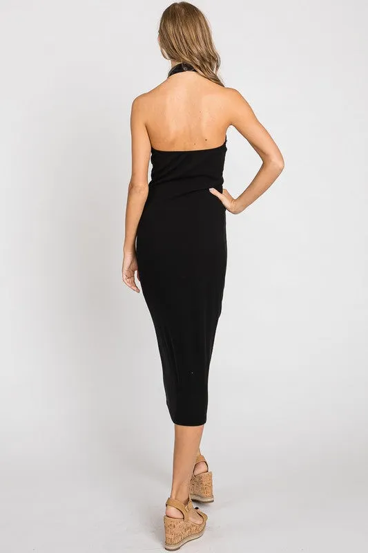 The City Girl Black Halter Neck Midi Bodycon Dress