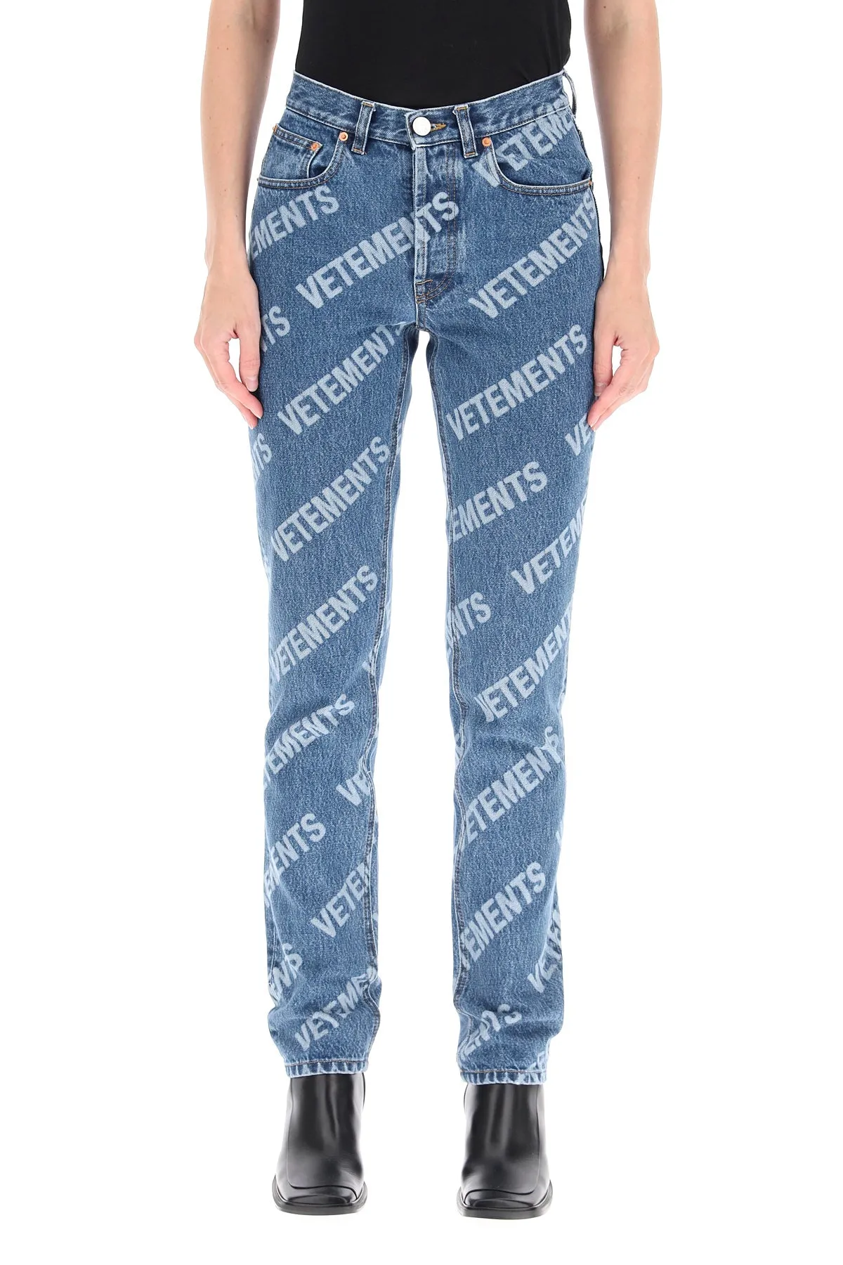 Vetements Straight Leg Allover Logo Printed Jeans