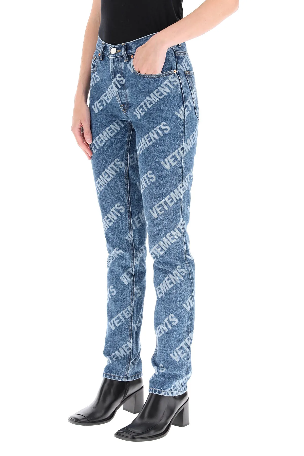 Vetements Straight Leg Allover Logo Printed Jeans