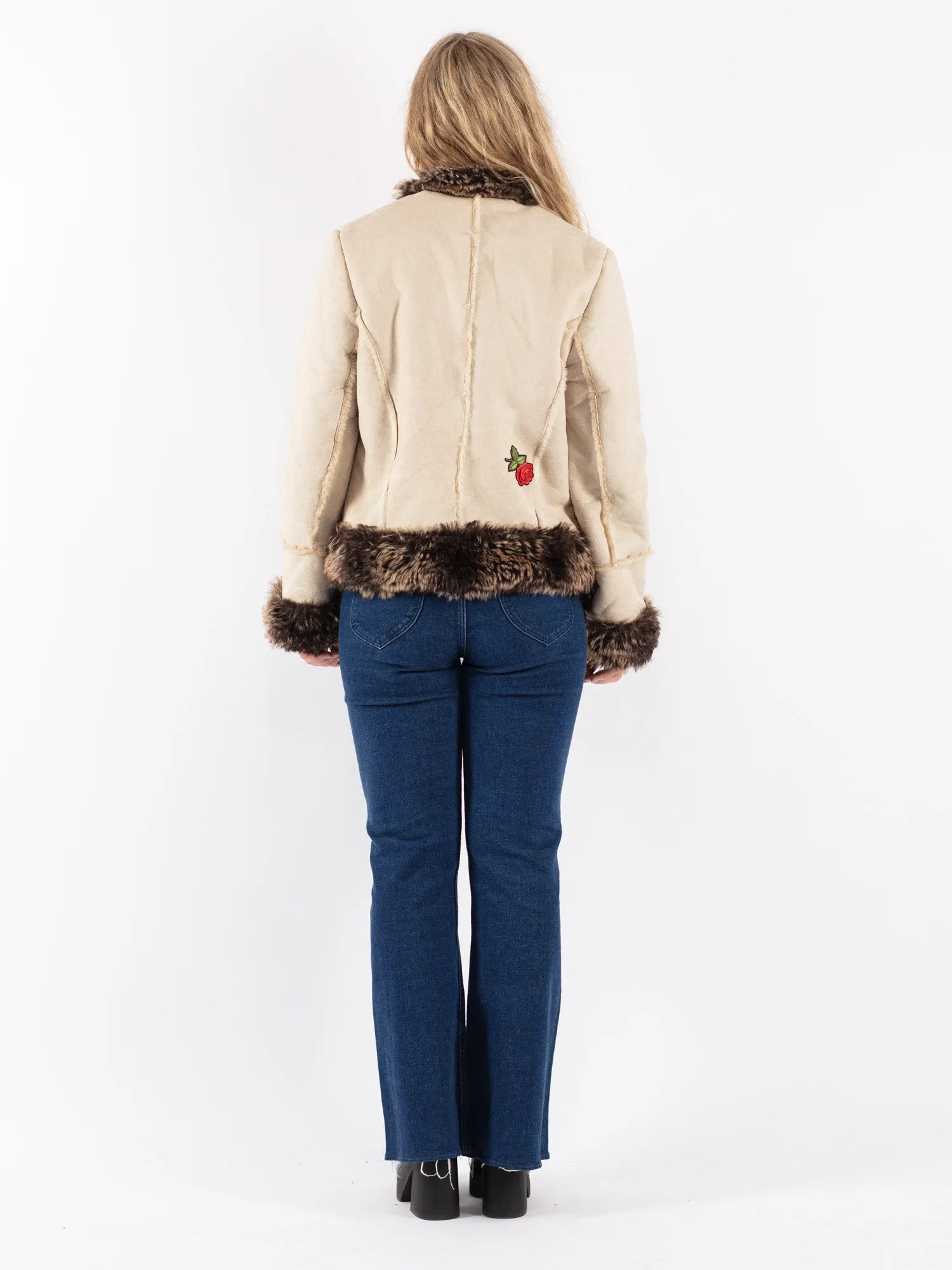 Vintage 90's Women Faux Sheepskin Jacket in Beige