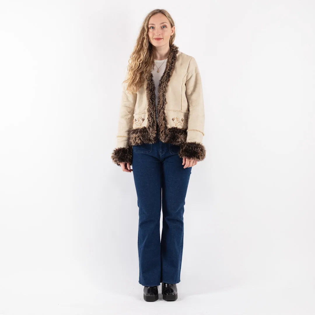 Vintage 90's Women Faux Sheepskin Jacket in Beige