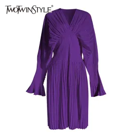 2022 Spring Summer Women's Vintage Long Sleeve V-Neck Pleated Dress - Flare Fashion Clothes