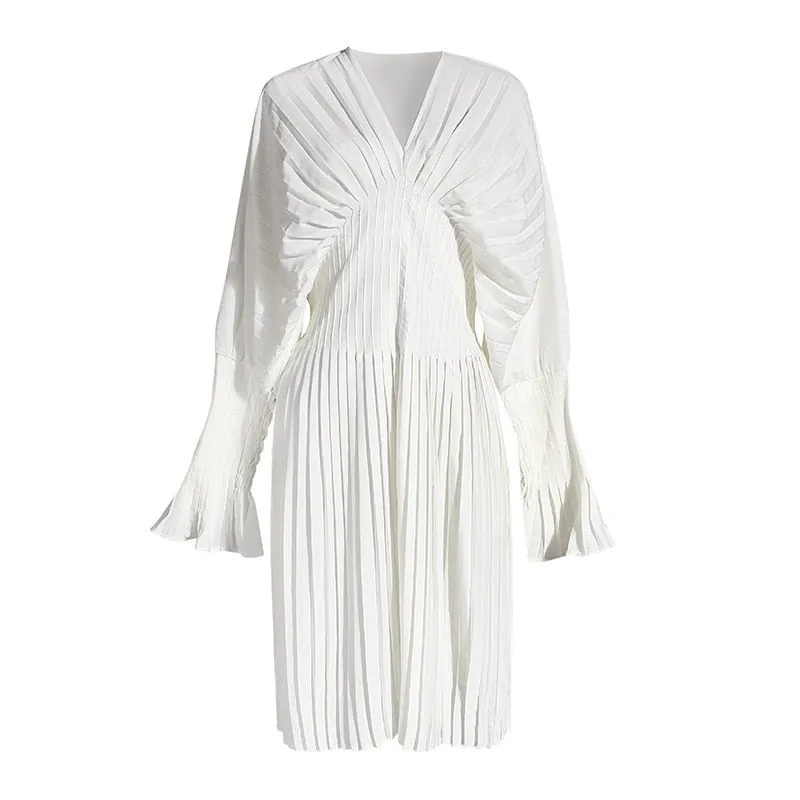 2022 Spring Summer Women's Vintage Long Sleeve V-Neck Pleated Dress - Flare Fashion Clothes