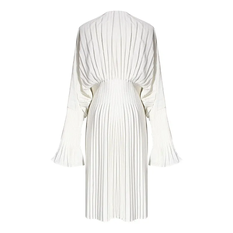 2022 Spring Summer Women's Vintage Long Sleeve V-Neck Pleated Dress - Flare Fashion Clothes