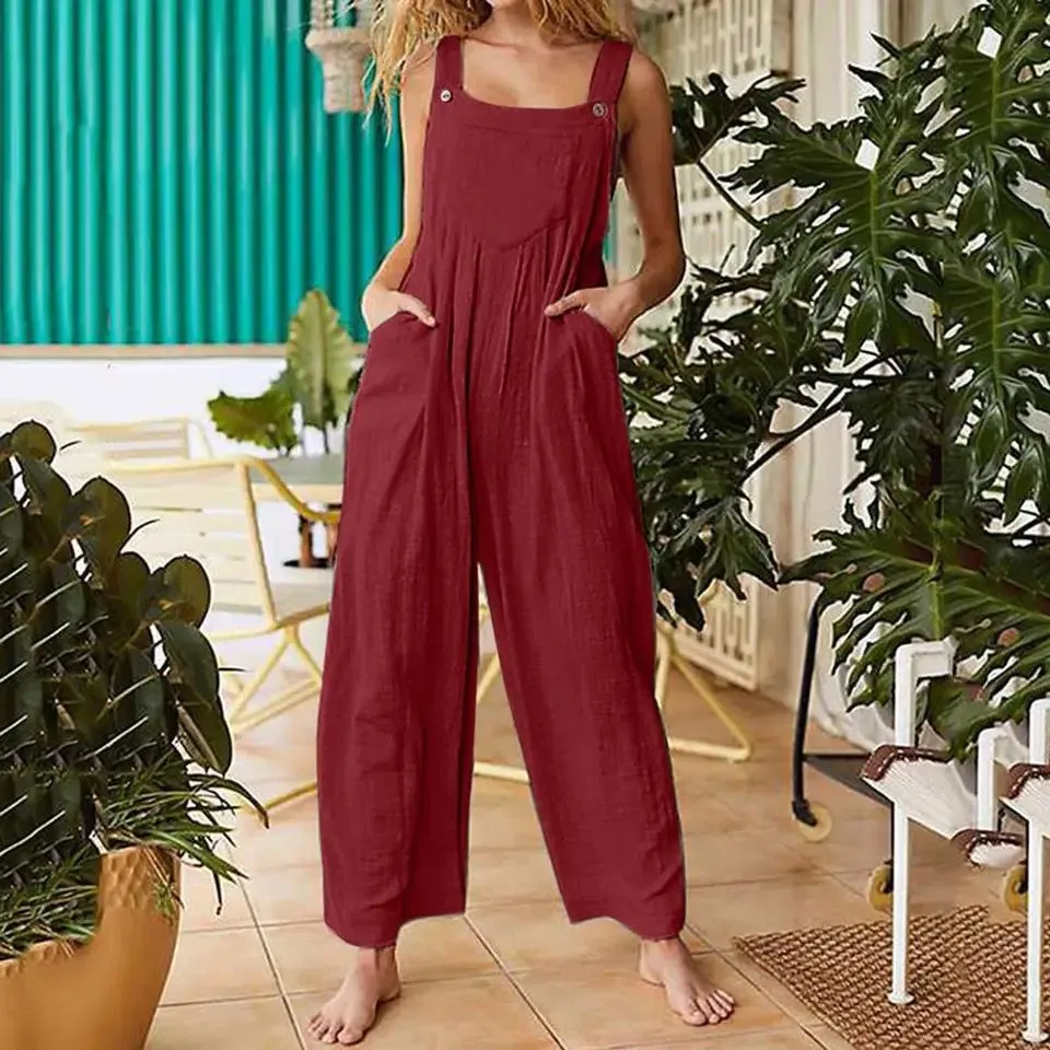 Plus Size Sleeveless Wide Leg Jumpsuit Cotton Linen Vintage Women Aesthetic 0009340