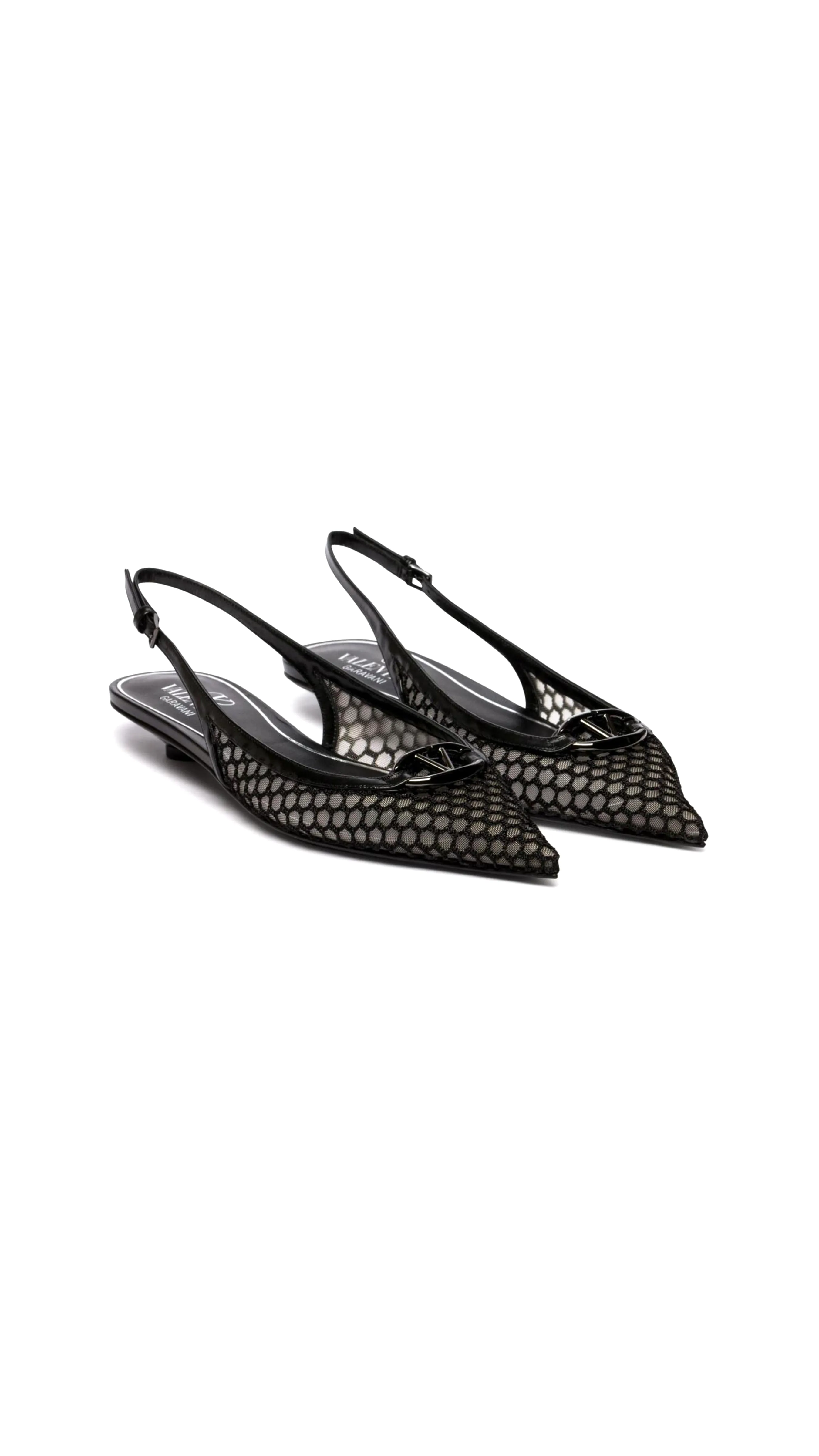 VLogo Plaque Mesh Slingback Pumps - Black