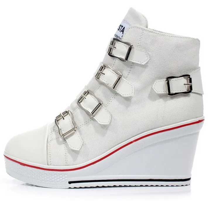 White Canvas Buckles Platforms Sneakers