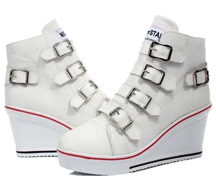 White Canvas Buckles Platforms Sneakers