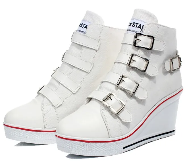 White Canvas Buckles Platforms Sneakers