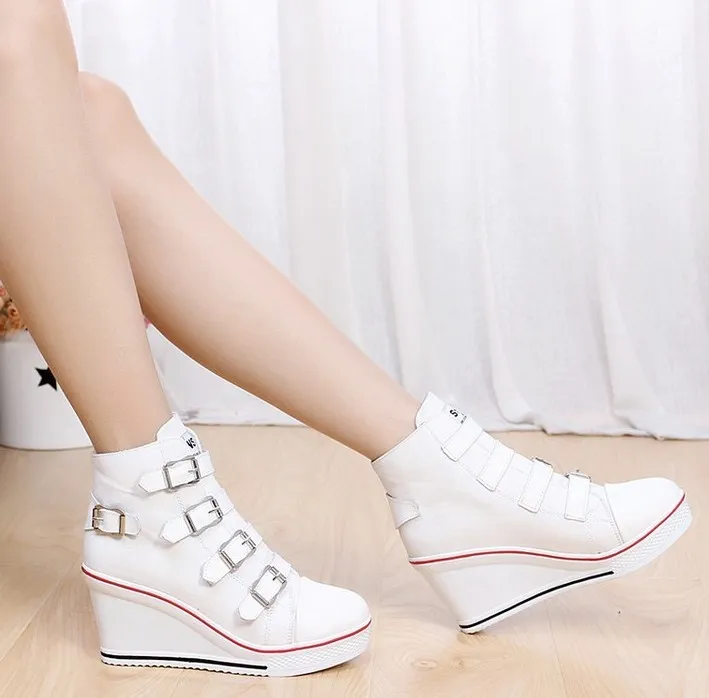 White Canvas Buckles Platforms Sneakers