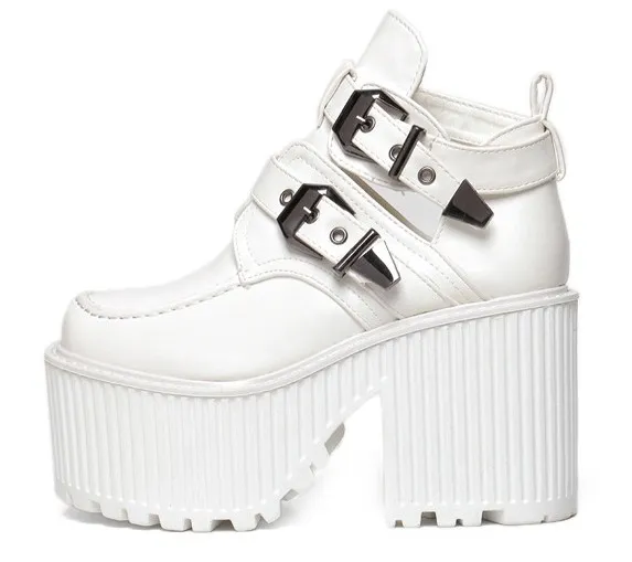 White double buckle punk rock chunky heels boots