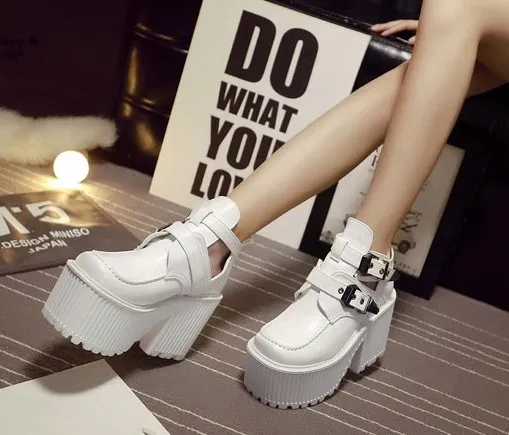 White double buckle punk rock chunky heels boots