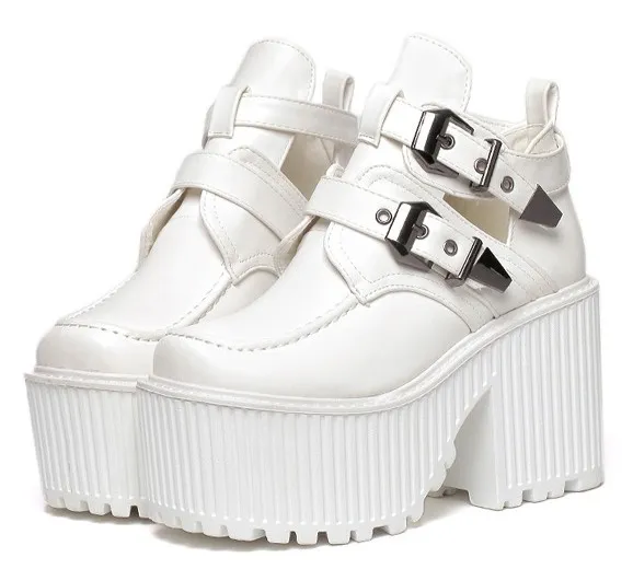 White double buckle punk rock chunky heels boots