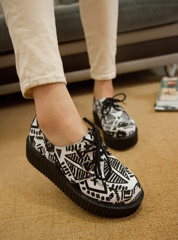 White Tribal Lace Up Platforms Oxfords Creepers