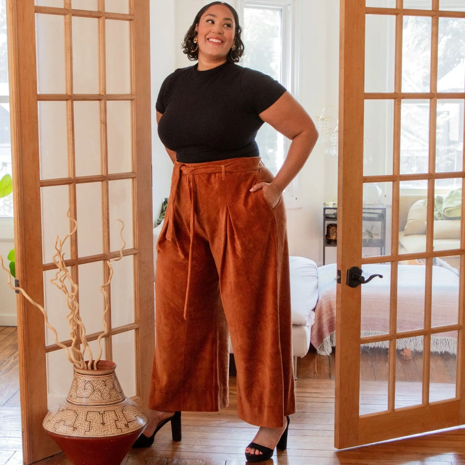 Wide Leg Cord Tailored Trousers - Rust