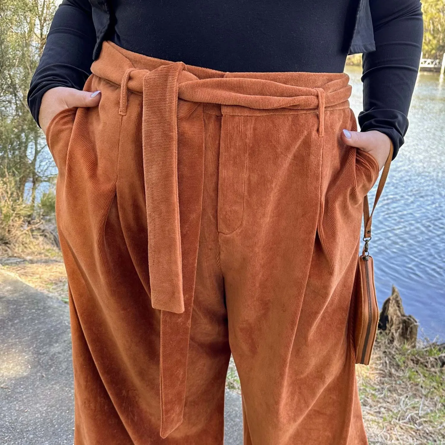 Wide Leg Cord Tailored Trousers - Rust