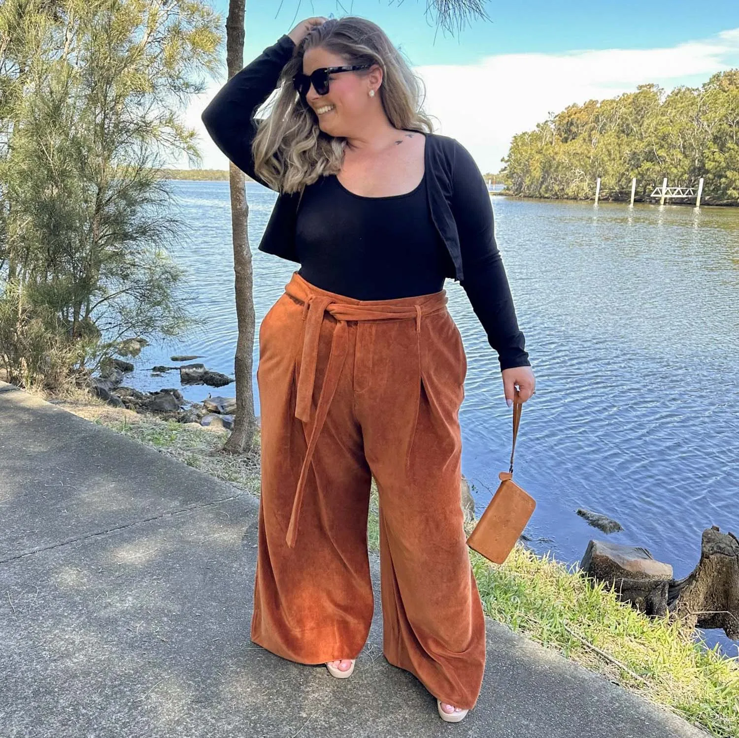 Wide Leg Cord Tailored Trousers - Rust