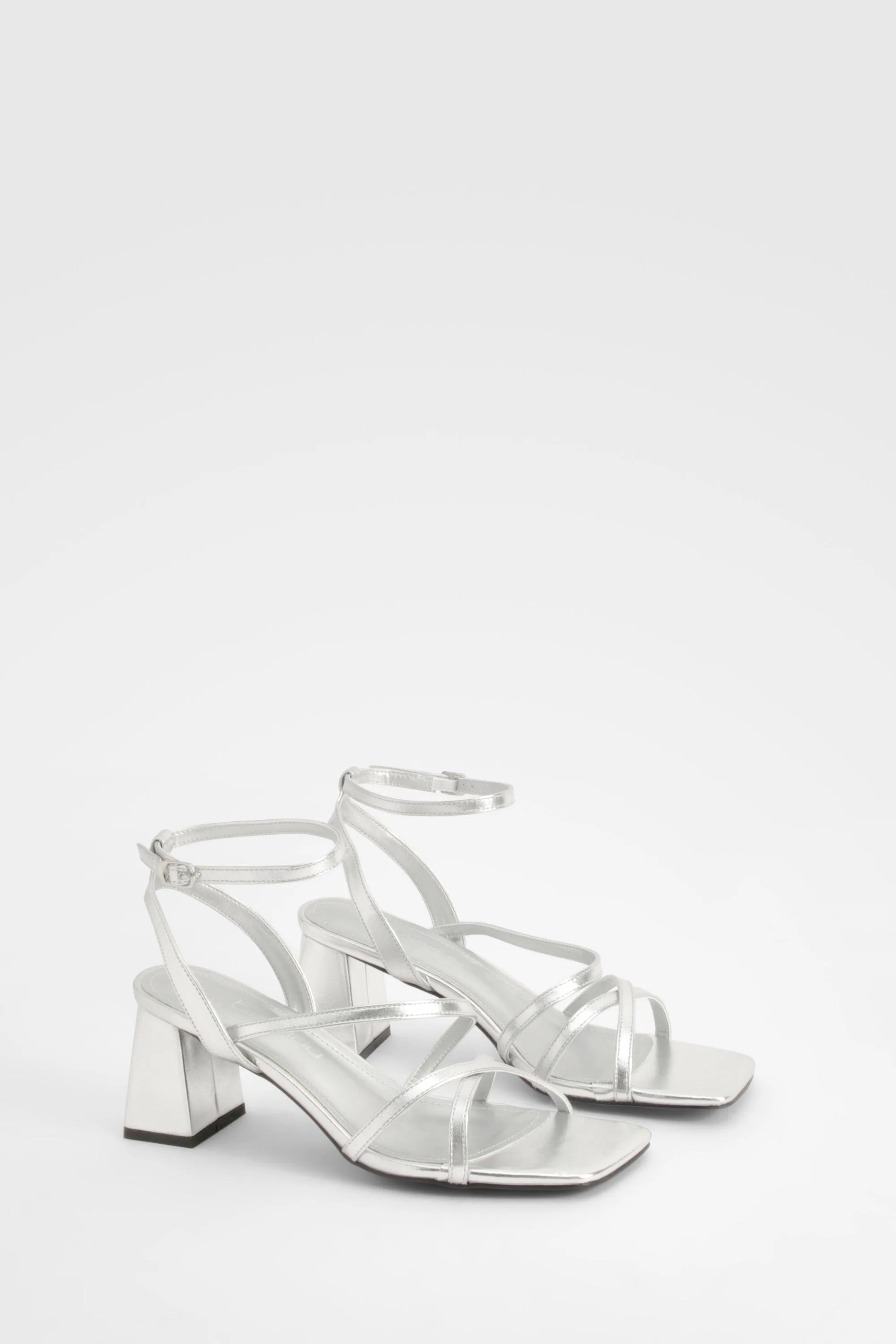 Wide Width Metallic Asymmetric Strappy Low Block Heels