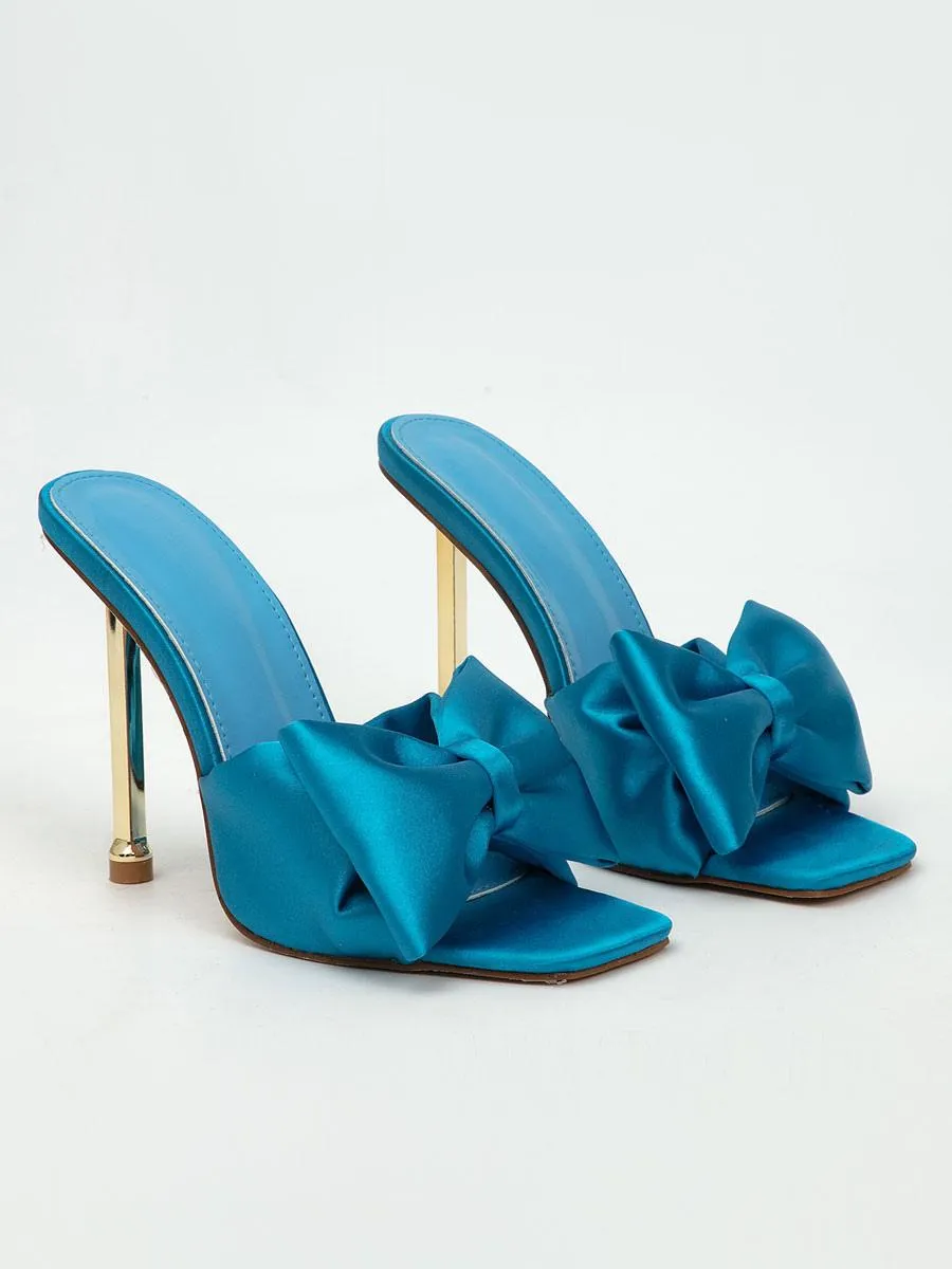 Heeled Stiletto Mules with Bows and Satin Teal Upper