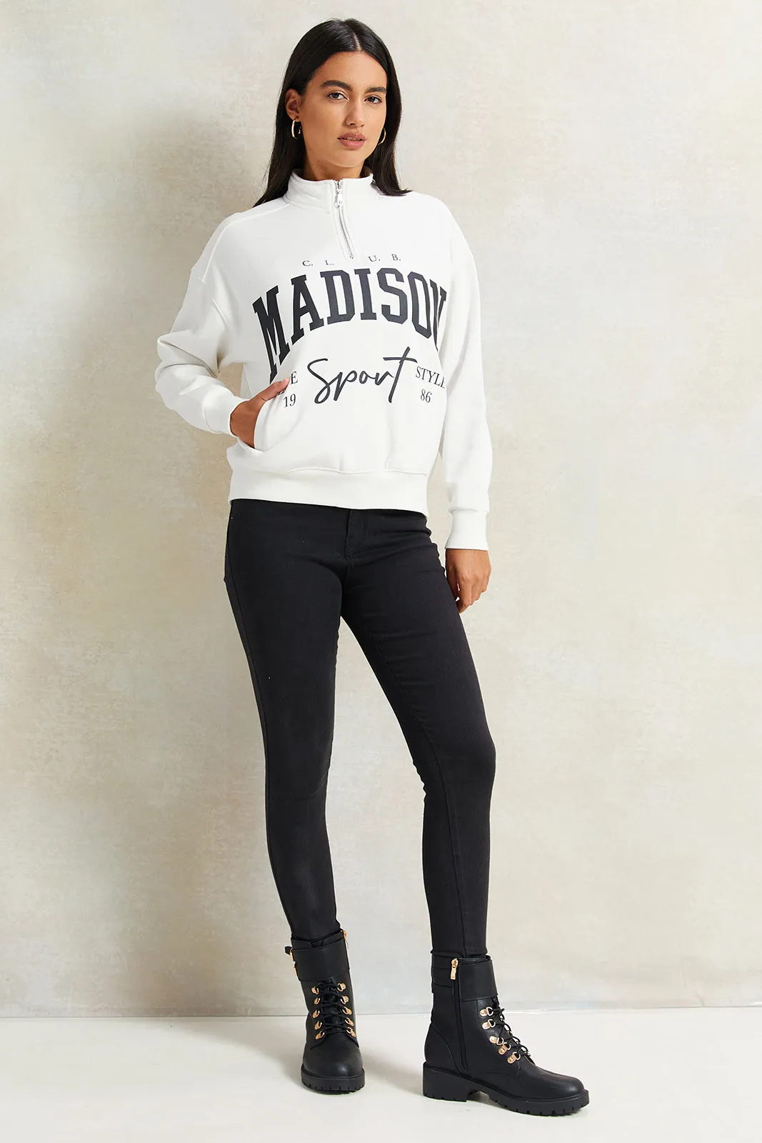 Women Ivory Printed Half-Zip Sweatshirt