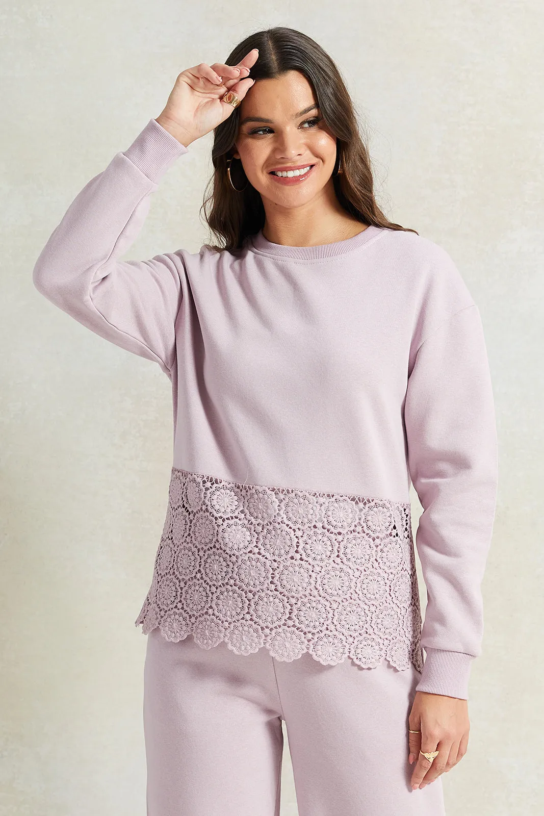 Women Lilac Sweatshirt With Bottom Lace Hem