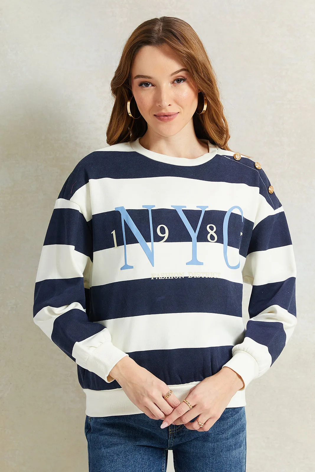 Women Navy And White Striped Sweatshirt