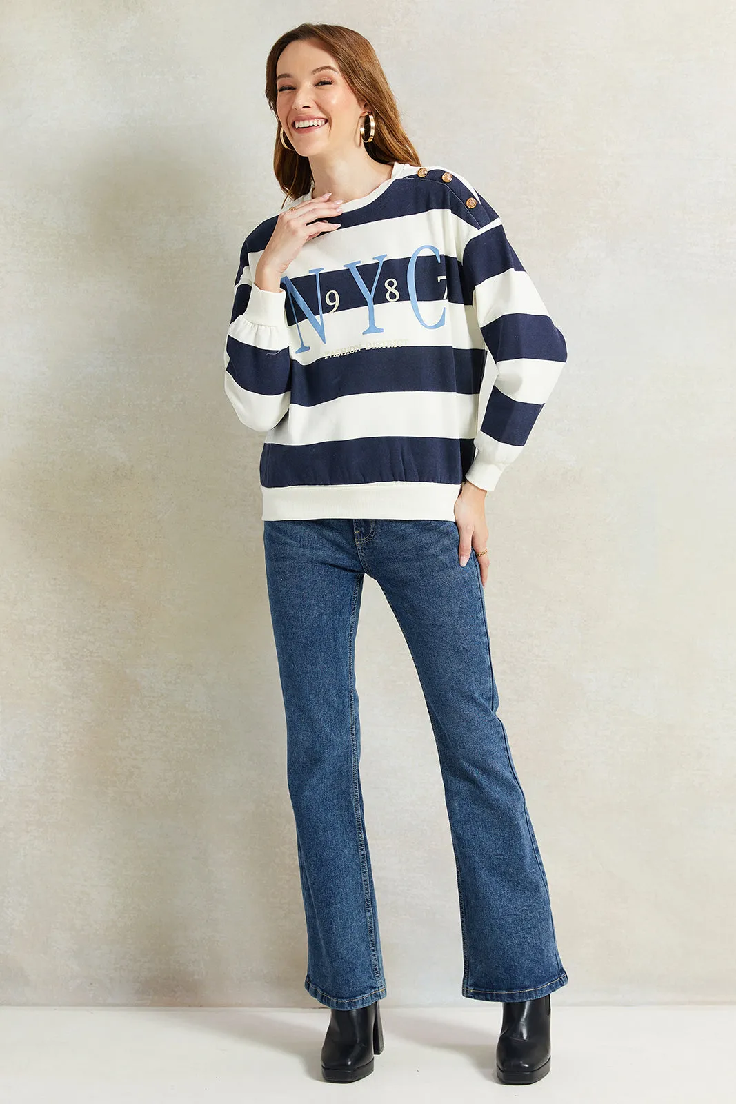 Women Navy And White Striped Sweatshirt