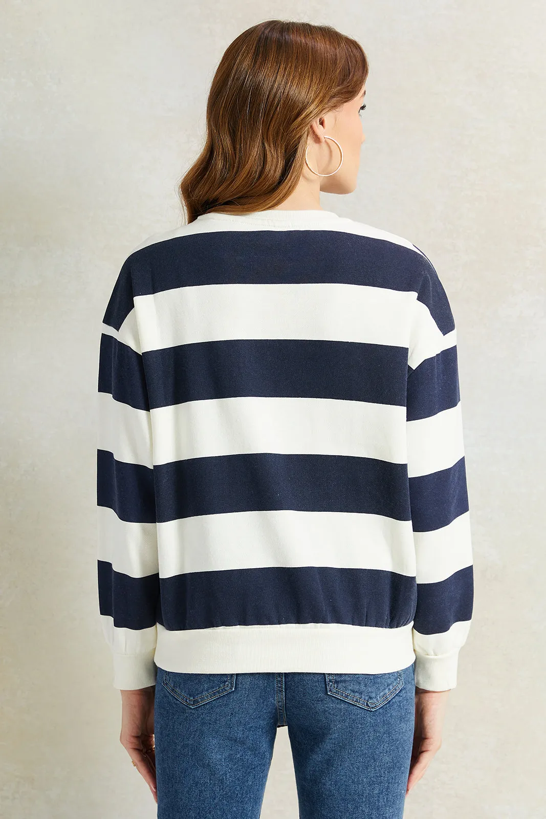 Women Navy And White Striped Sweatshirt