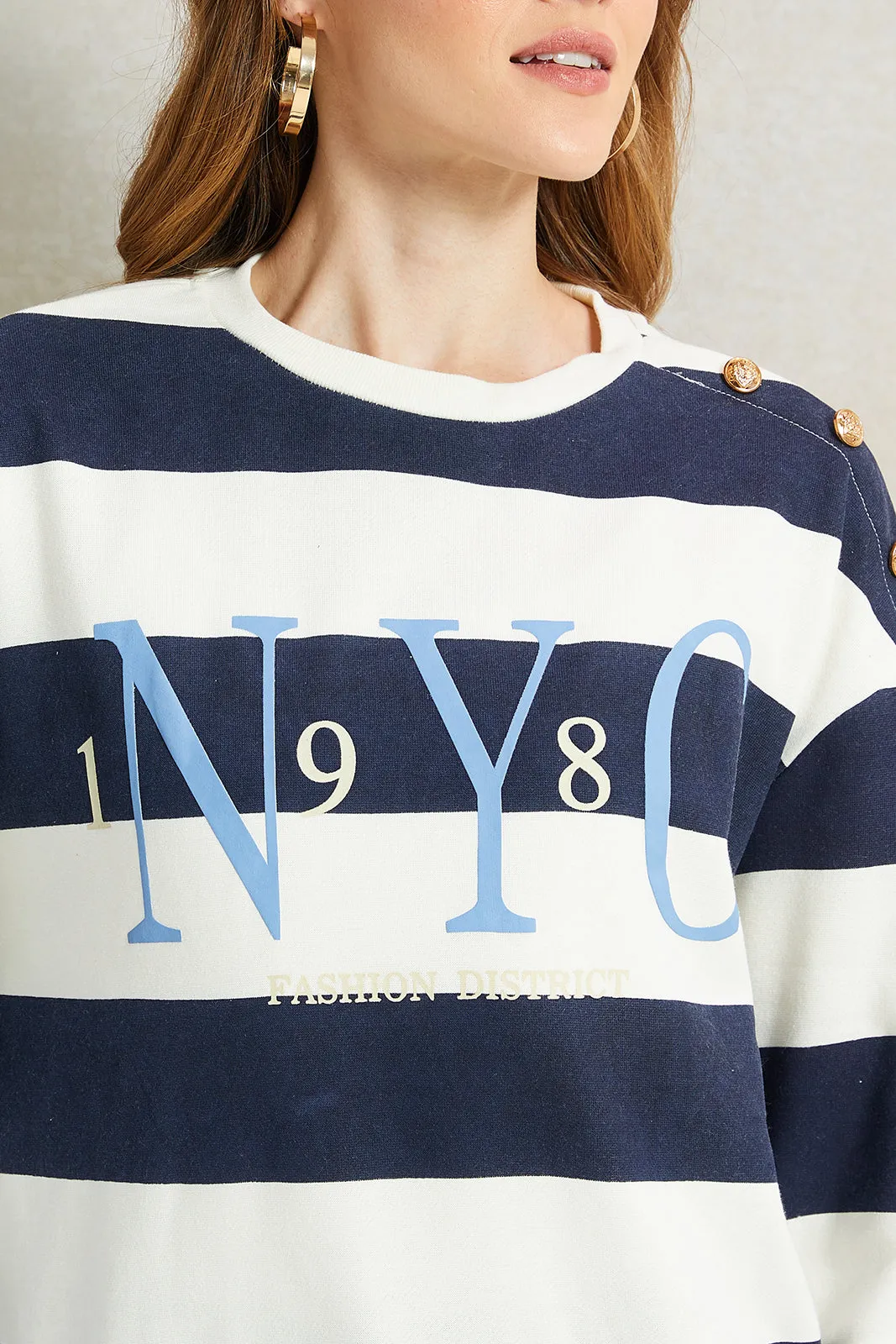 Women Navy And White Striped Sweatshirt