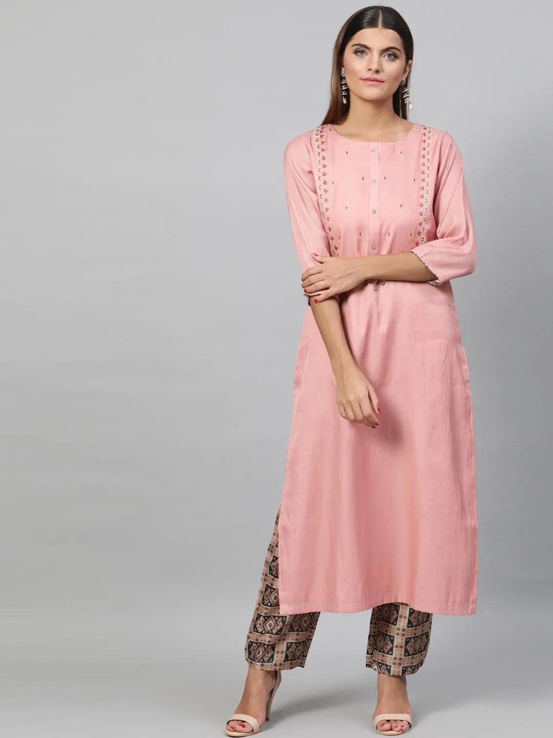 Women Peach-Coloured Beige Embroidered Kurta with Trousers