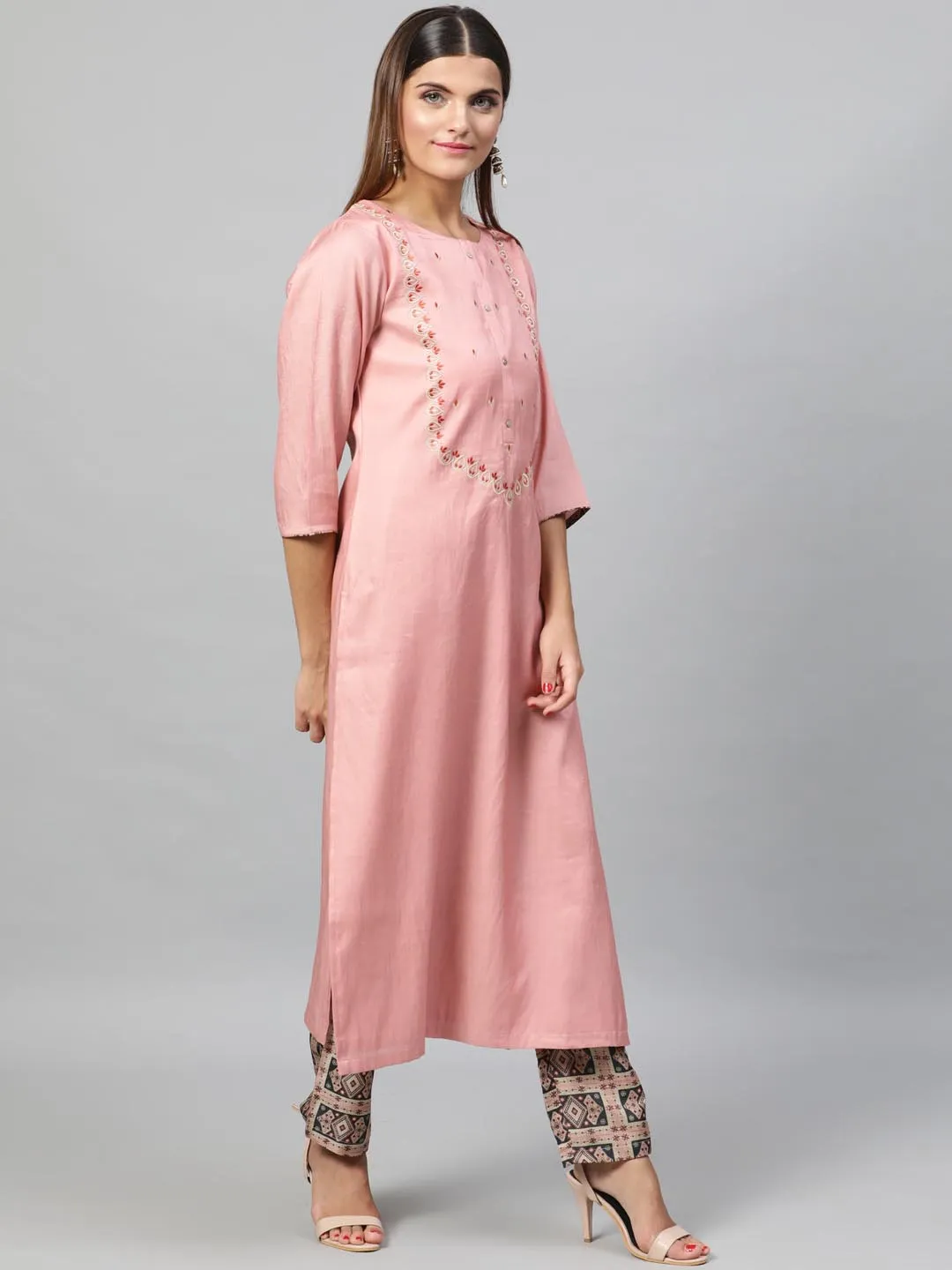 Women Peach-Coloured Beige Embroidered Kurta with Trousers