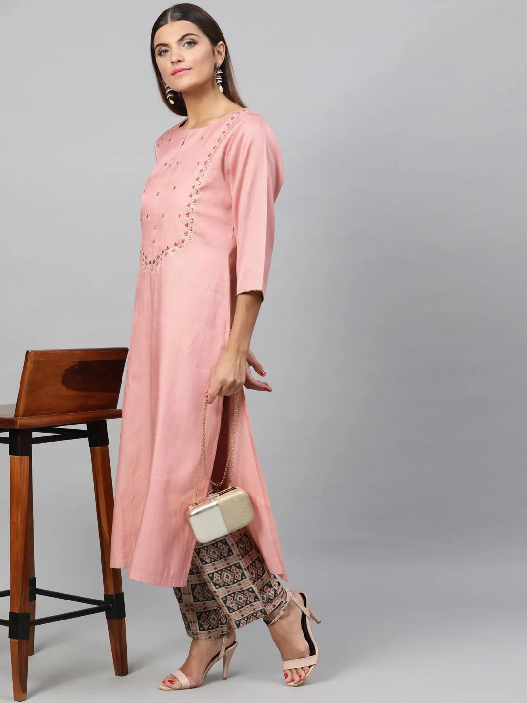 Women Peach-Coloured Beige Embroidered Kurta with Trousers