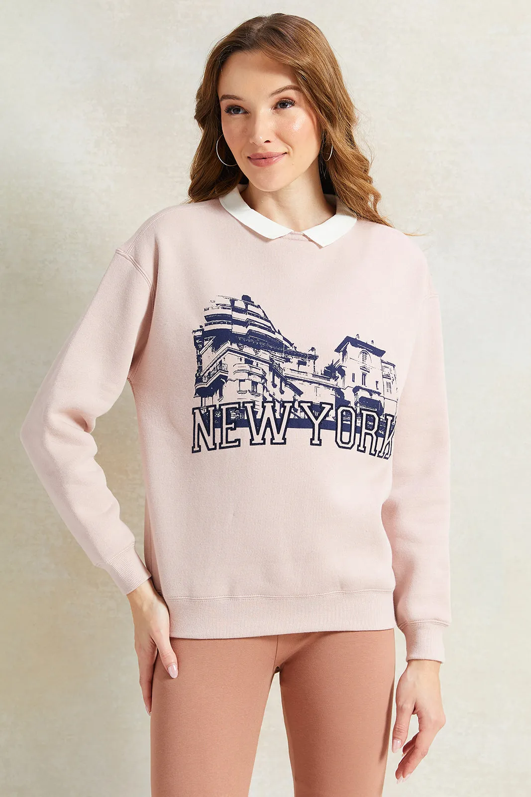 Women Pink Collared Printed Sweatshirt