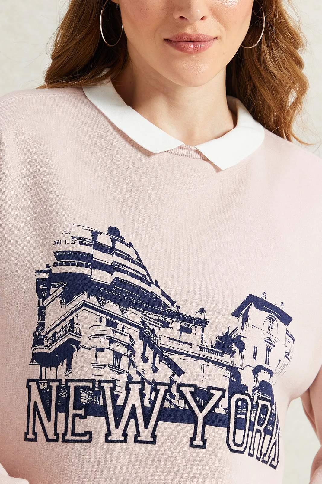 Women Pink Collared Printed Sweatshirt