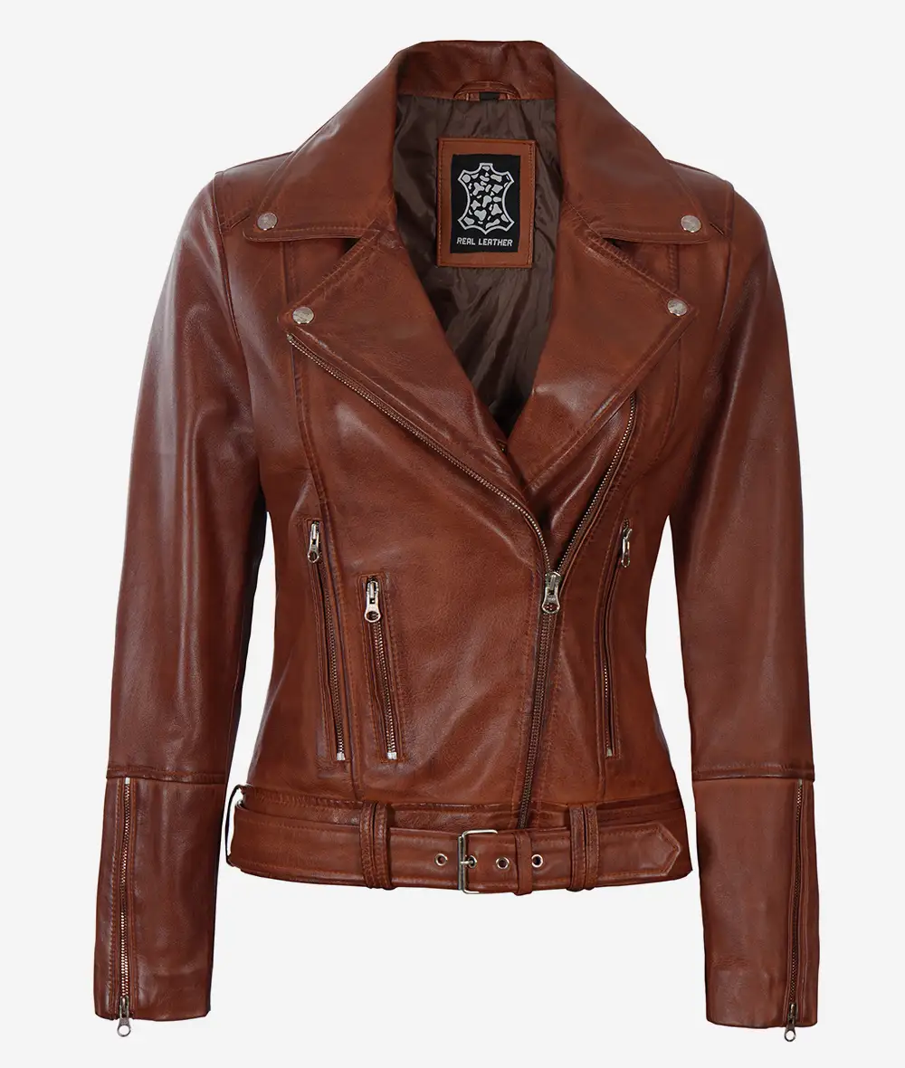 Women's Asymmetrical Cognac Leather Jacket - Belted Waist