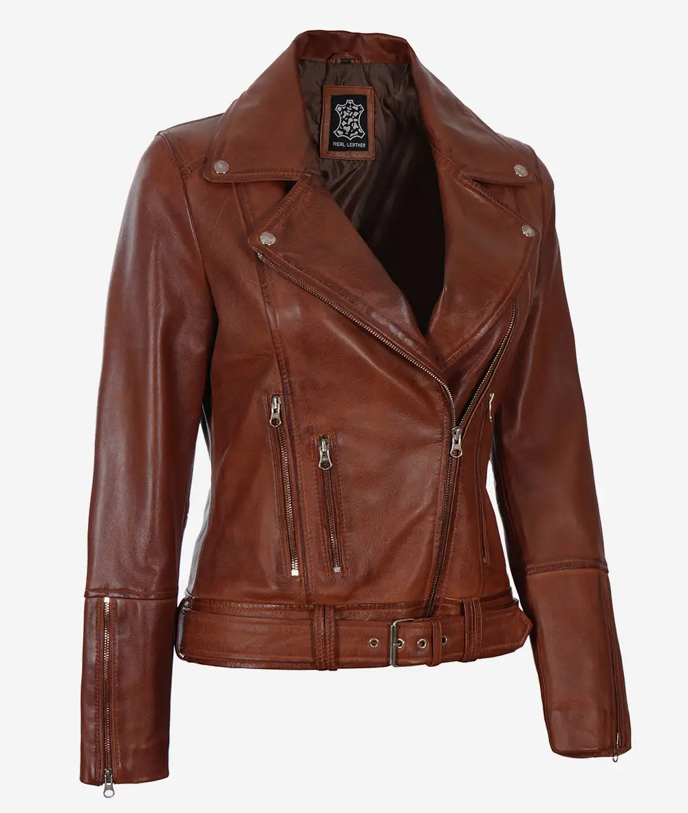 Women's Asymmetrical Cognac Leather Jacket - Belted Waist