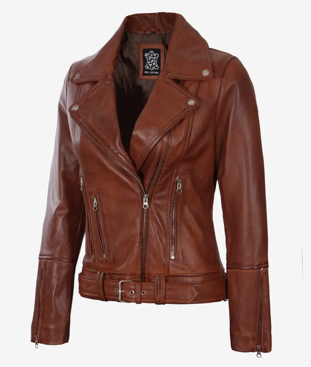 Women's Asymmetrical Cognac Leather Jacket - Belted Waist