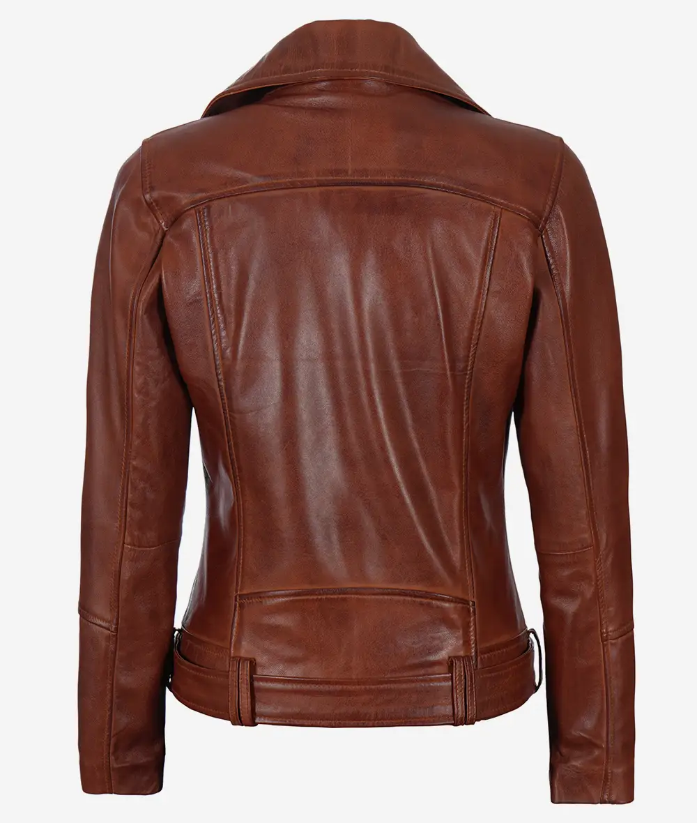 Women's Asymmetrical Cognac Leather Jacket - Belted Waist