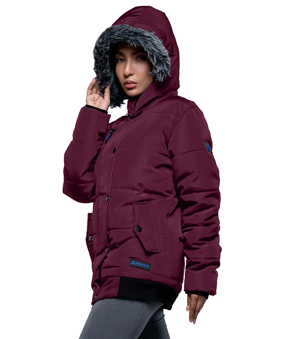 Women's Faux Fur Trim Hood 3/4 Length Maroon Puffer Jacket