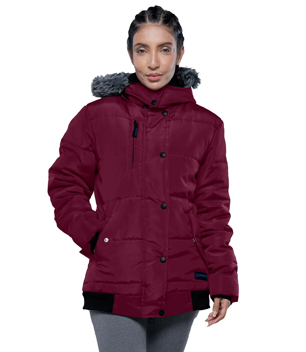 Women's Faux Fur Trim Hood 3/4 Length Maroon Puffer Jacket