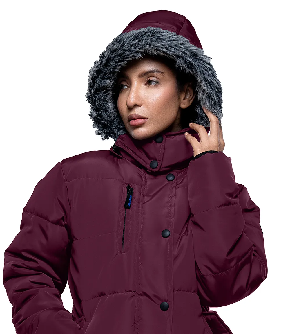 Women's Faux Fur Trim Hood 3/4 Length Maroon Puffer Jacket