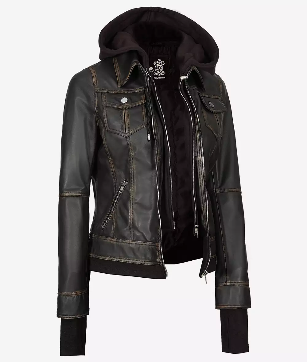 Women's Rub off Brown Bomber Leather Jacket with Removable Hood