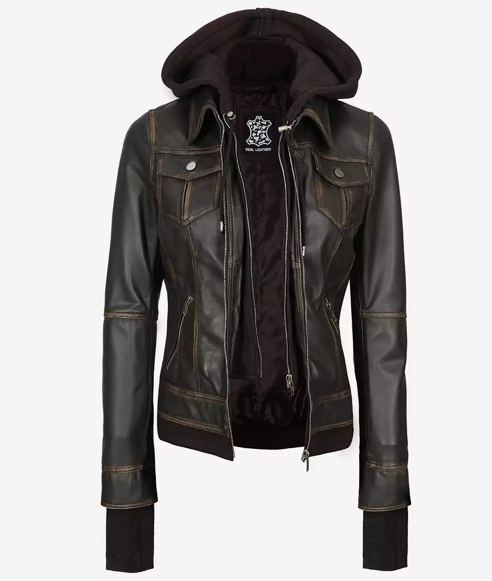 Women's Rub off Brown Bomber Leather Jacket with Removable Hood