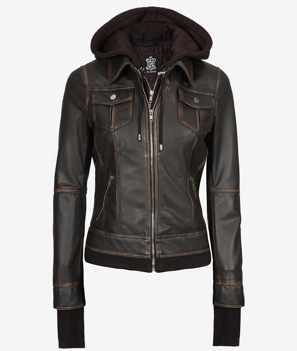 Women's Rub off Brown Bomber Leather Jacket with Removable Hood