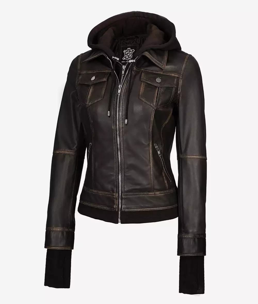 Women's Rub off Brown Bomber Leather Jacket with Removable Hood