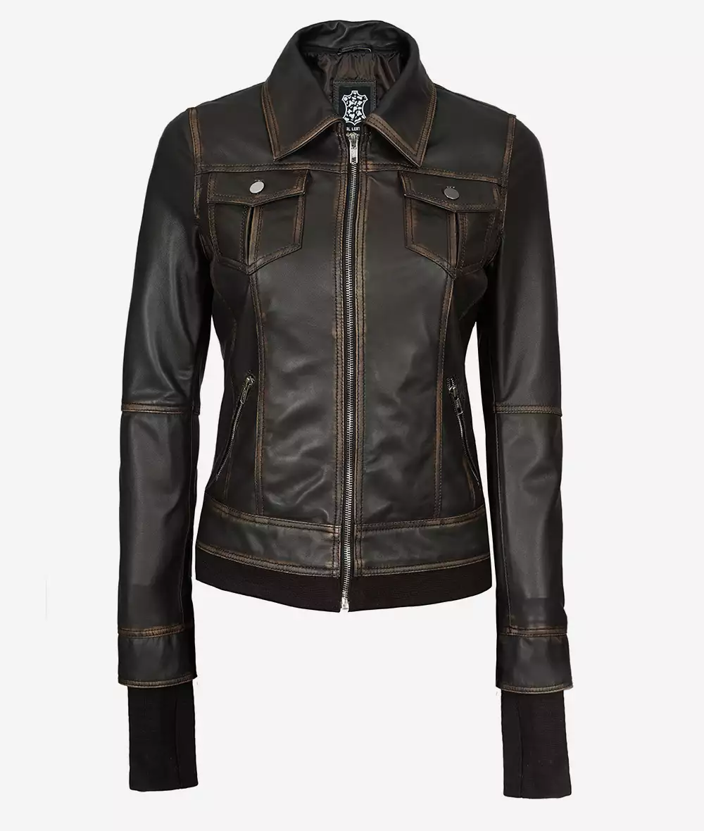 Women's Rub off Brown Bomber Leather Jacket with Removable Hood